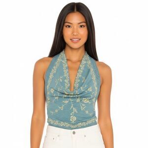 Free People "Hows It Going" Halter Cropped Tank Top Size L Boho Linen Blend